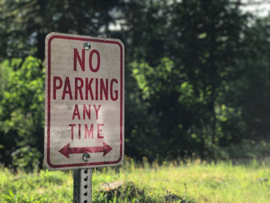 Close-up view of a rectangular 'No Parking Any Time' sign with red text and border, mounted on a metal pole outdoors. Behind the sign, there is a background of blurred green foliage and trees, indicating a natural setting. The ground nearby is grassy, with sunlight filtering through the leaves. This signage is relevant to house removals and moving logistics, as it highlights parking restrictions that may affect vehicle access for furniture transport and home relocation services, such as those provided by Man with Van Hatton. The image captures the sign's details clearly, emphasizing the importance of observing parking rules during local moves in Warwickshire, as specified in the page about avoiding parking fines.