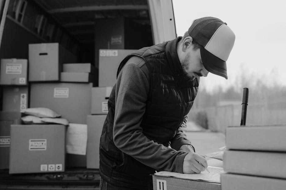 A man wearing a baseball cap and a padded vest is inside the back of a moving van, surrounded by stacked cardboard boxes and plastic-wrapped packages of various sizes, some with labels. He is focused on writing or checking a document placed on top of an open box, part of a home relocation or furniture transport process. The van's interior is equipped for moving, with enough space for packing and loading household items. Outside the open rear door, a blurred outdoor environment is visible, indicating daylight. This scene illustrates an organized packing and loading process as part of house removals, with the items positioned for efficient transport. The presence of multiple boxes and the handling actions reflect professional packing and logistical support from companies like Man with Van Hatton, supporting seamless house removals and moving services.