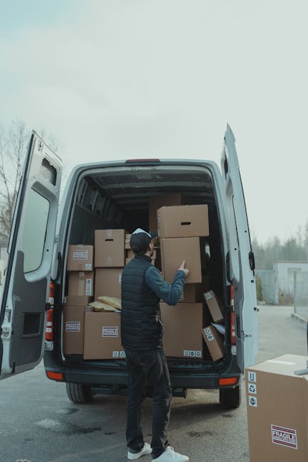 A young male mover with a beard, wearing a white polo shirt and black cap, standing with arms crossed inside the open rear cargo area of a silver moving van. The van's interior is filled with stacked cardboard boxes of various sizes, some wrapped in plastic or tape, ready for home relocation or furniture transport. The background shows the dark interior of the van, illuminated by natural light, and the environment appears to be on a driveway or street. Nearby, on the pavement, there are additional boxes and packing materials. This scene illustrates the loading process during a professional house removal, with a focus on careful packing and efficient transportation, as seen in services by companies like Man with Van Hatton.