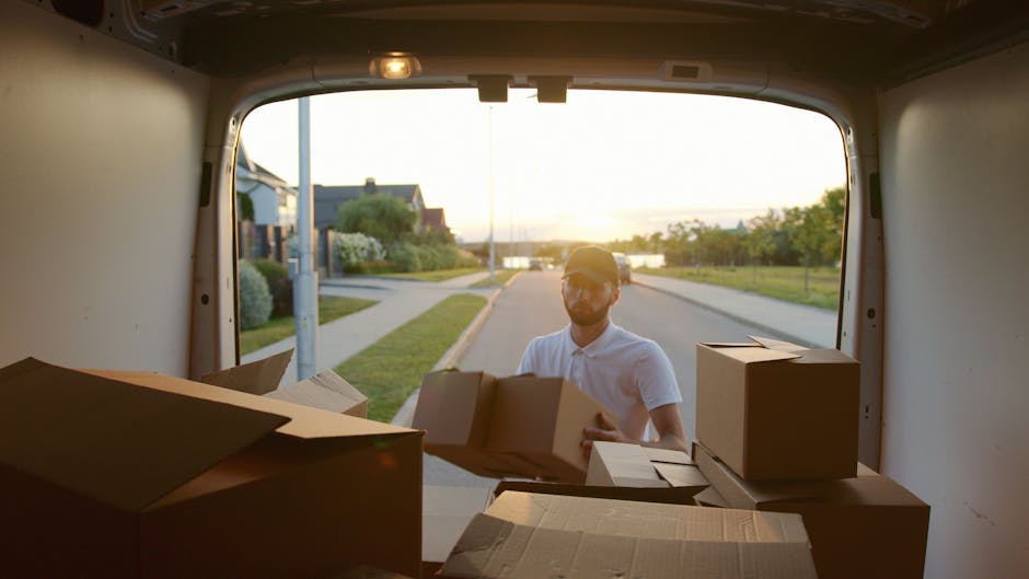 A man with a beard and wearing a baseball cap and white polo shirt is seen unloading cardboard boxes from the back of a moving van on a residential street during sunset. The van's interior shows sever